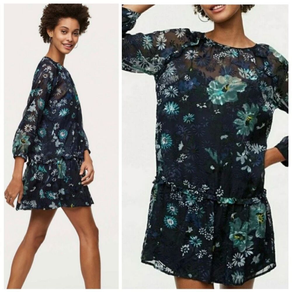 Ann Taylor Loft Navy Blue Winter Garden Floral‎ Flounce  Dress Size S Feminine